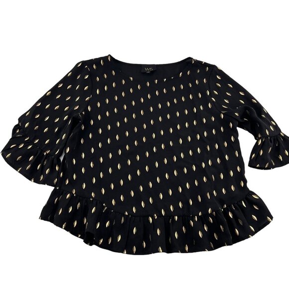 W5 Anthropologie Blouse Black Gold Blouse Women's size Small Loose ruffled hem - Picture 1 of 6